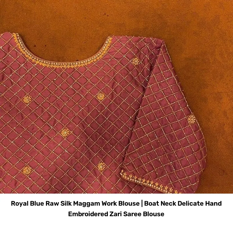 Royal Blue Raw Silk Maggam Work Blouse | Boat Neck Delicate Hand Embroidered Zari Saree Blouse 2