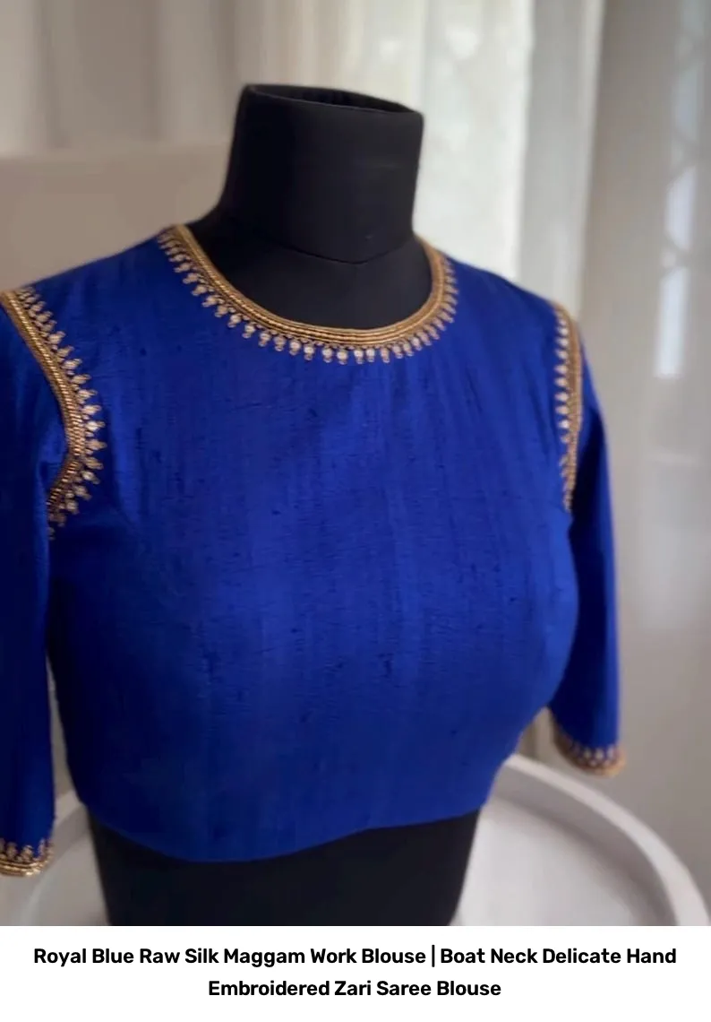Royal Blue Raw Silk Maggam Work Blouse | Boat Neck Delicate Hand Embroidered Zari Saree Blouse 3