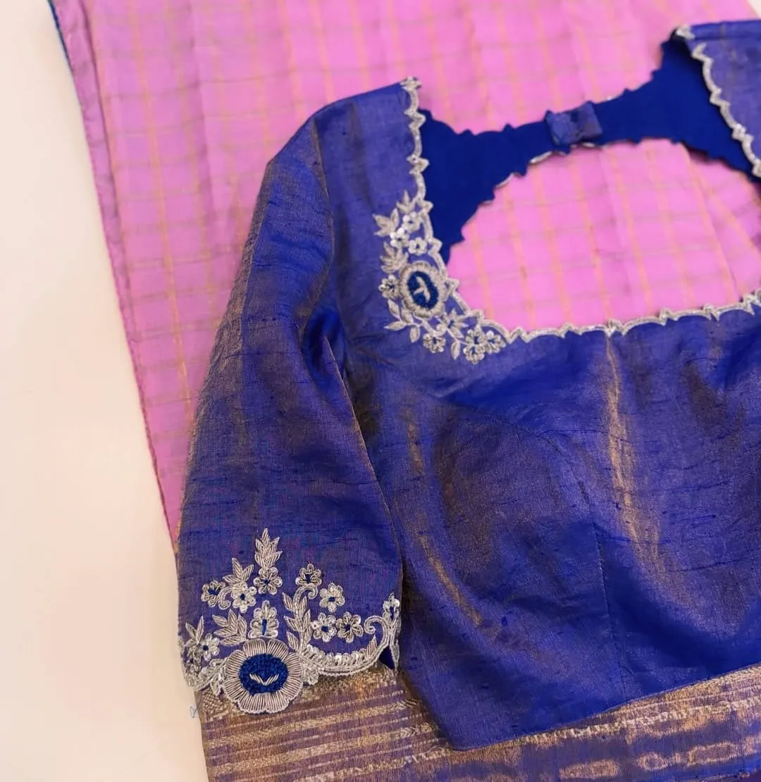 Royal Blue Raw Silk Saree Blouse – Silver Zari Zigzag Scallop Border with Keyhole Back Neck & Floral Sleeves