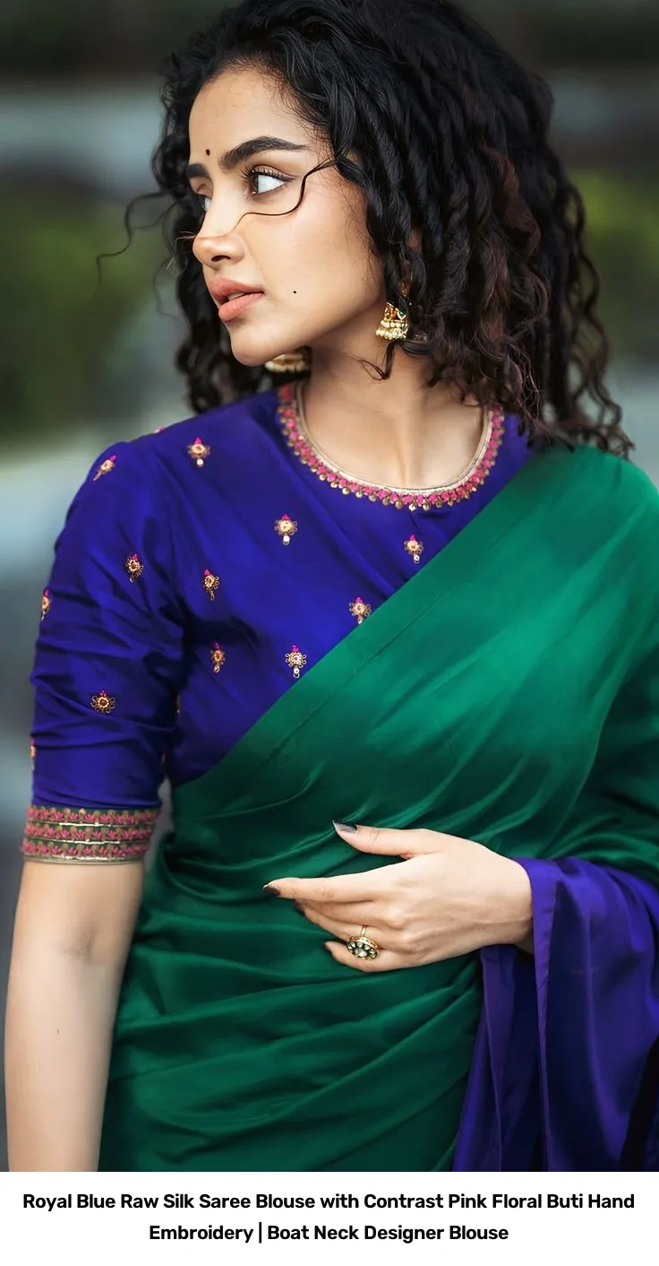 Royal Blue Raw Silk Saree Blouse with Contrast Pink Floral Buti Hand Embroidery | Boat Neck Designer Blouse 2