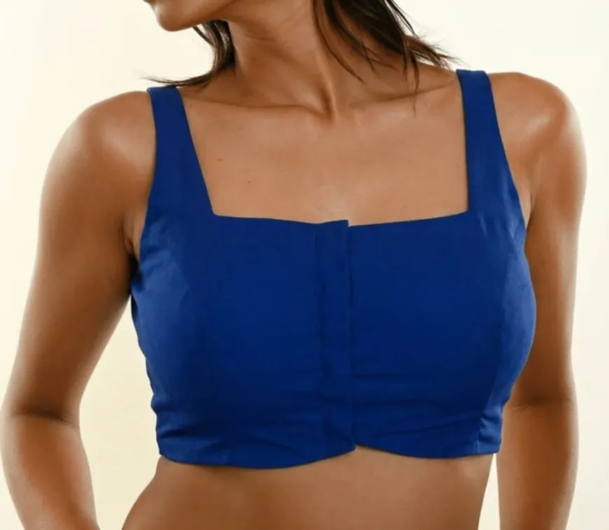 Royal Blue Raw Silk Sleeveless Saree Blouse – Broad Square Neck Deep Square Back Designer Choli