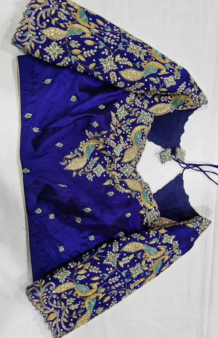 Royal Blue Silk Bridal Blouse with Zardozi Peacock Motifs & Scallop Cutwork