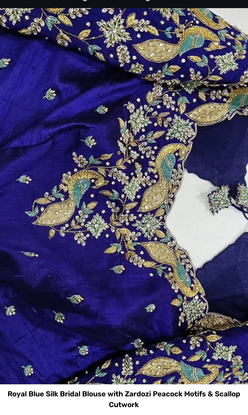 Royal Blue Silk Bridal Blouse with Zardozi Peacock Motifs & Scallop Cutwork 2
