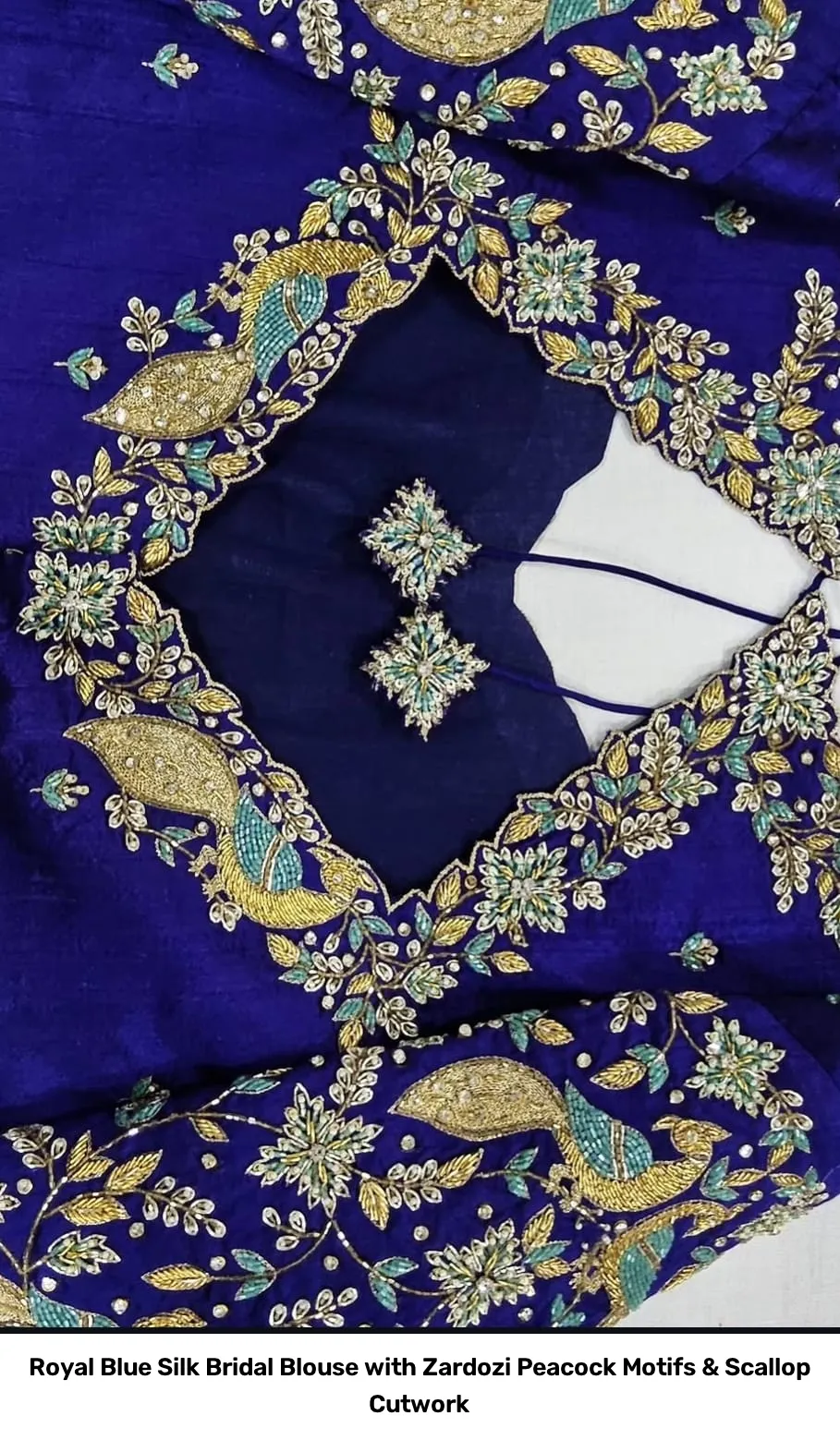 Royal Blue Silk Bridal Blouse with Zardozi Peacock Motifs & Scallop Cutwork 3