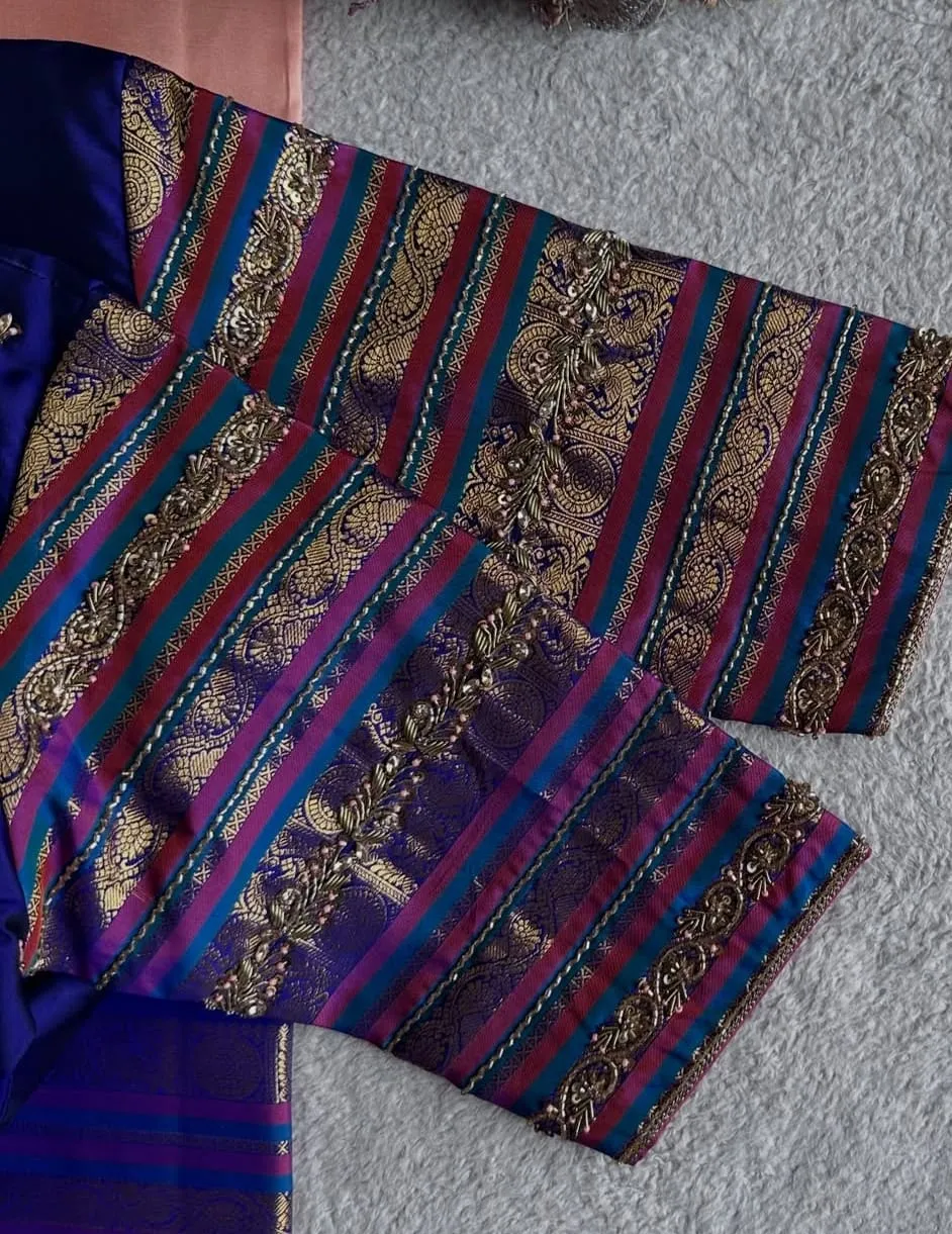 Royal Blue Silk Maggam Work Blouse | Handcrafted Zardosi Aari Embroidery with Striped Brocade Sleeves | Bridal Saree Blouse