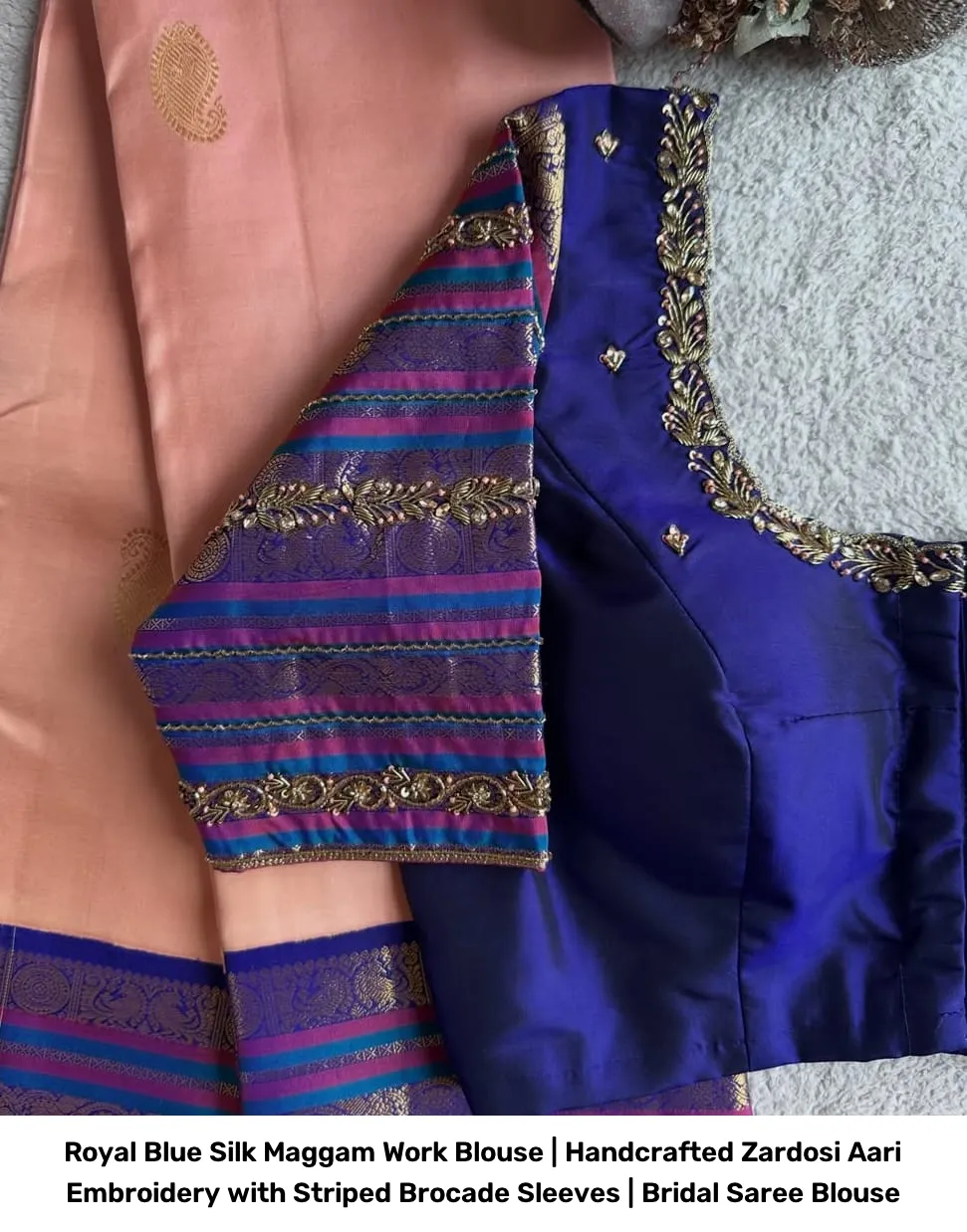 Royal Blue Silk Maggam Work Blouse | Handcrafted Zardosi Aari Embroidery with Striped Brocade Sleeves | Bridal Saree Blouse 3