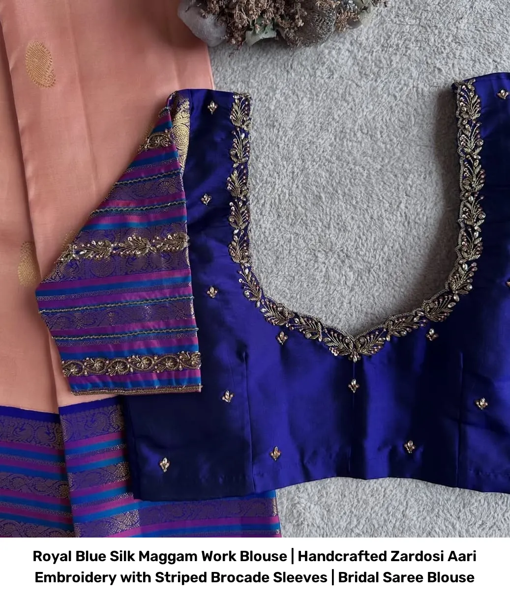 Royal Blue Silk Maggam Work Blouse | Handcrafted Zardosi Aari Embroidery with Striped Brocade Sleeves | Bridal Saree Blouse 4