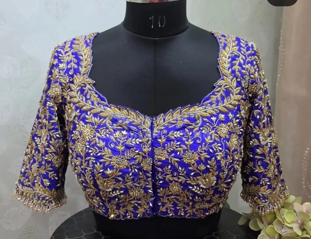 Royal Blue Silk Saree Blouse with All-Over Zardozi Jaal – Scalloped Neckline Hand Embroidered Choli, Bridal Pearl Work Wedding Top
