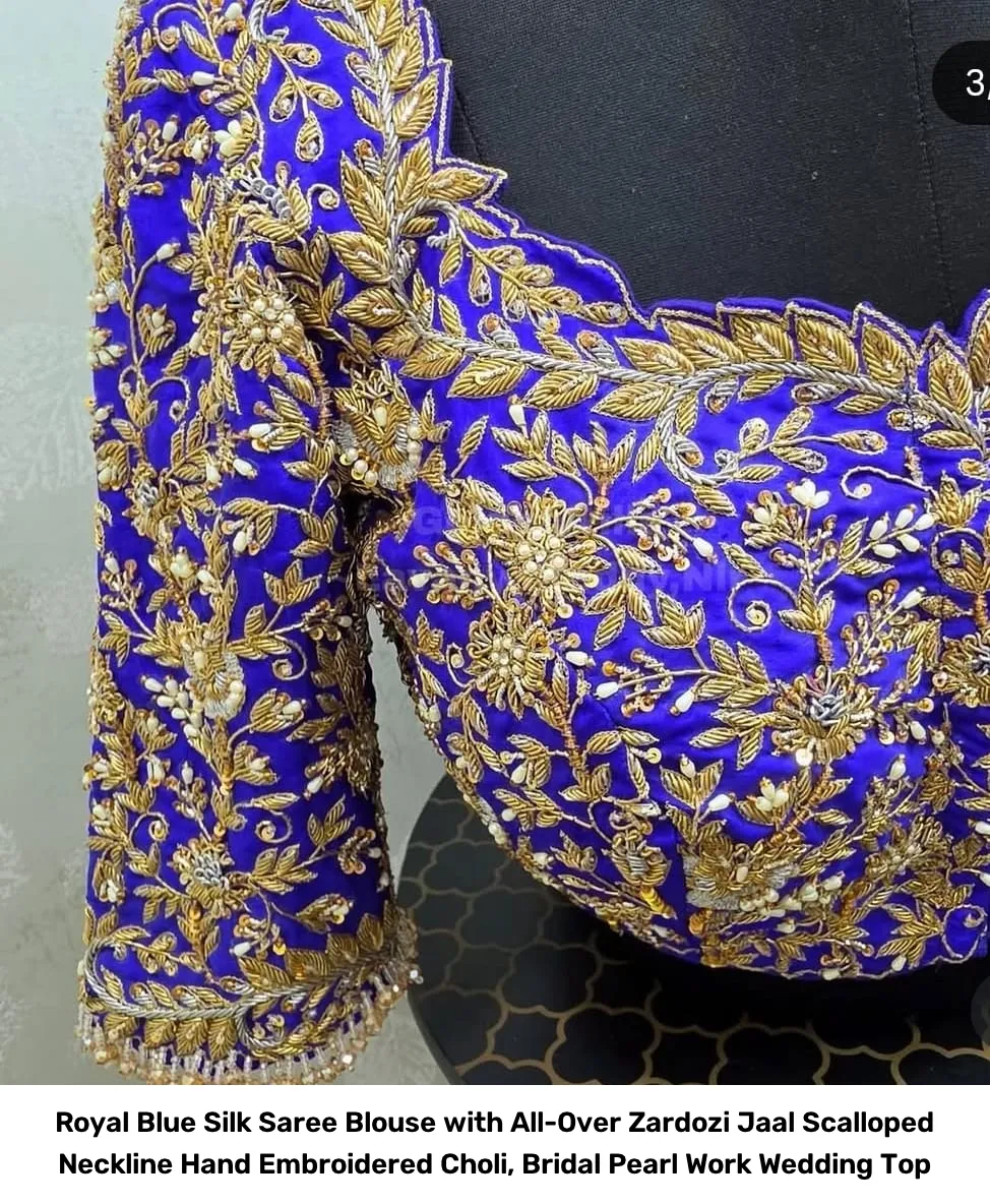 Royal Blue Silk Saree Blouse with All-Over Zardozi Jaal – Scalloped Neckline Hand Embroidered Choli, Bridal Pearl Work Wedding Top 5