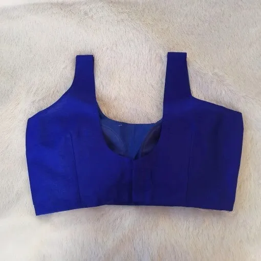 Royal Blue Sleeveless Raw Silk Readymade Blouse – Deep Square Neck, Broad Shoulder Straps Padded Choli for Sarees & Lehengas