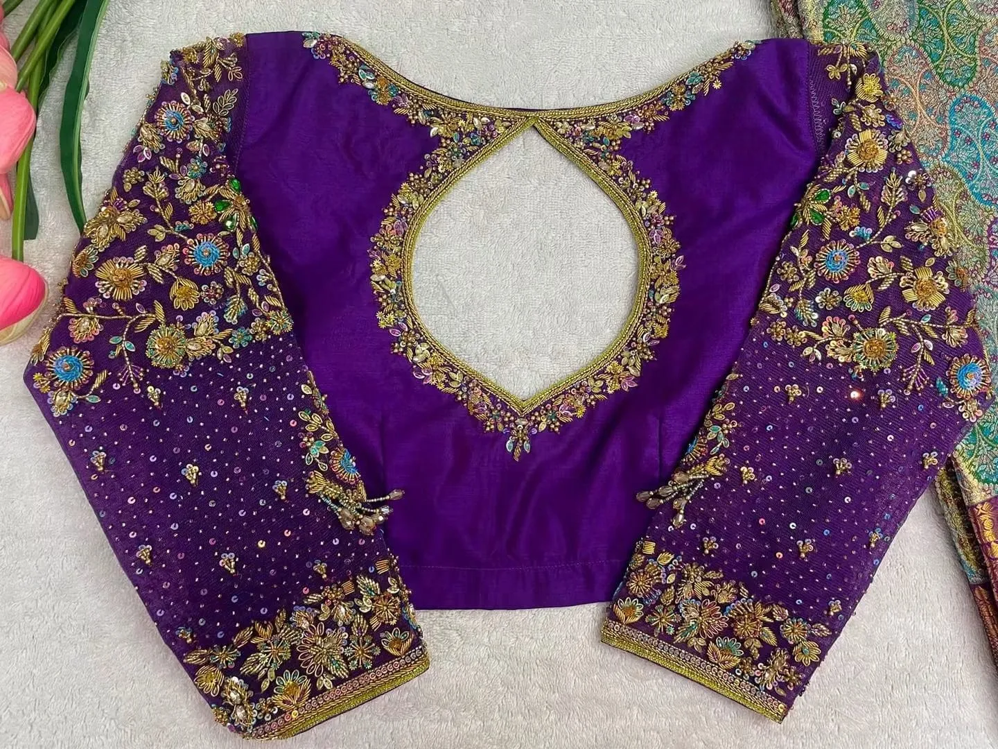 Royal Purple Designer Maggam Work Blouse | Heavy Floral Zardozi & Circular Cutout Saree Blouse 1