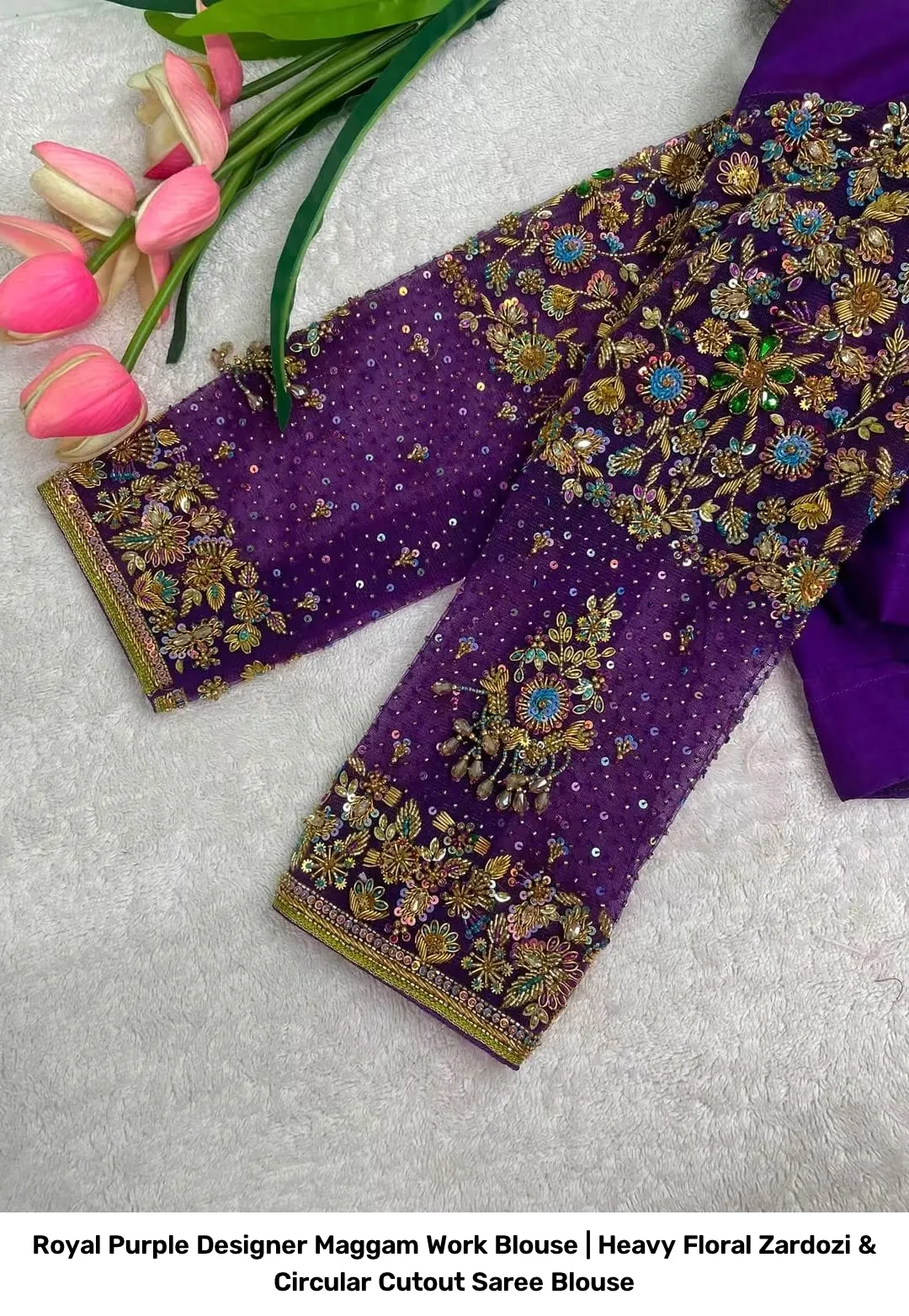 Royal Purple Designer Maggam Work Blouse | Heavy Floral Zardozi & Circular Cutout Saree Blouse 2