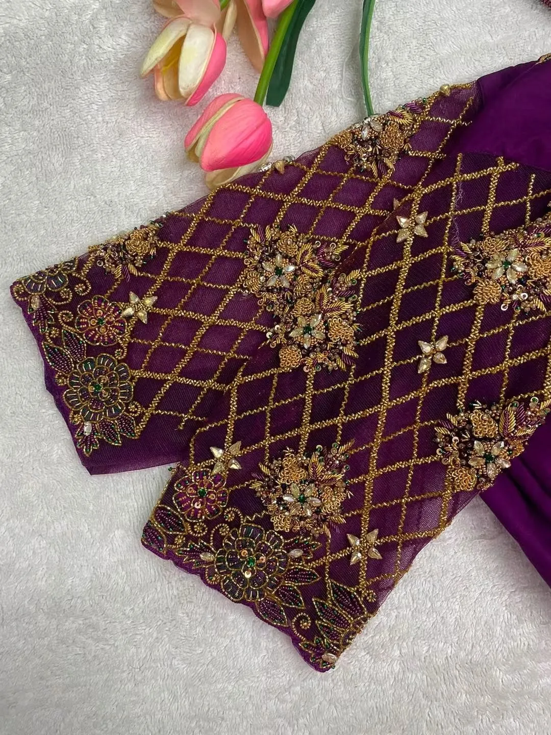 Royal Purple Designer Maggam Work Blouse | Heavy Net Patch & Hand-Embroidered Saree Blouse 1