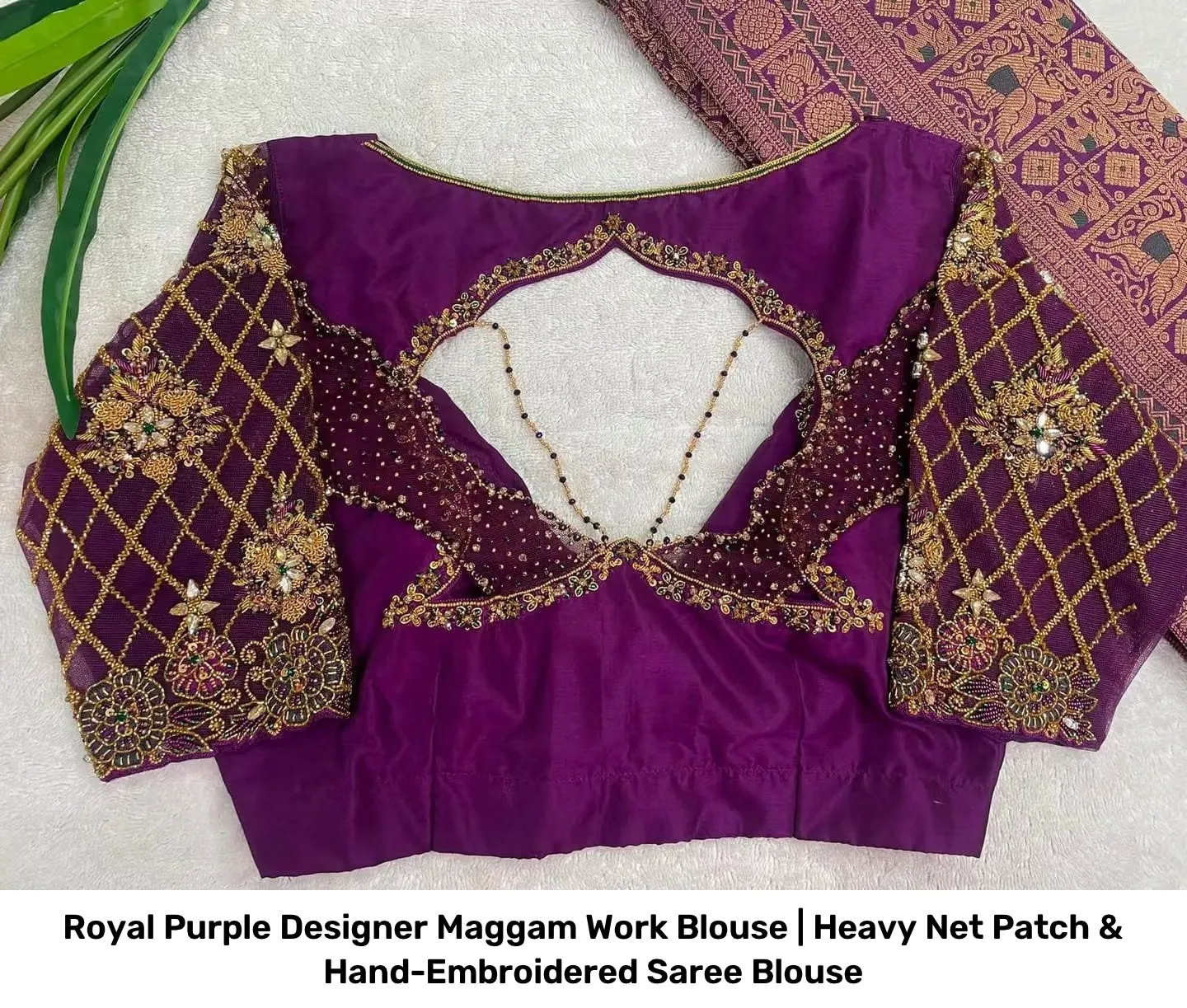 Royal Purple Designer Maggam Work Blouse | Heavy Net Patch & Hand-Embroidered Saree Blouse 2