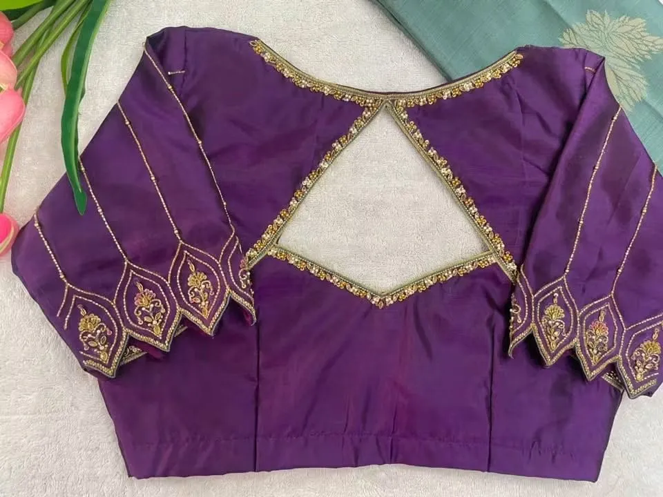 Royal Purple Designer Maggam Work Blouse | Panel Sleeve & Cutout Back Saree Blouse 1