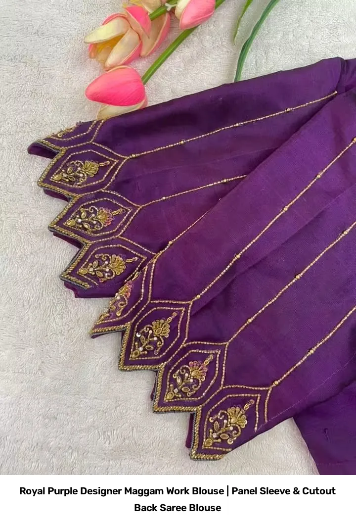 Royal Purple Designer Maggam Work Blouse | Panel Sleeve & Cutout Back Saree Blouse 2