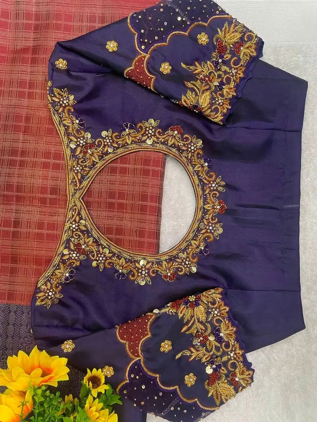 Royal Purple Designer Maggam Work Blouse | Scalloped Cutout Back & Heavy Saree Blouse