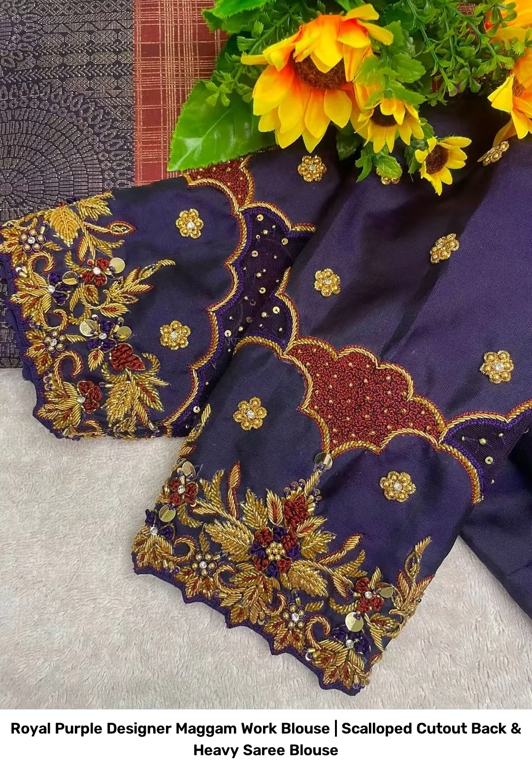 Royal Purple Designer Maggam Work Blouse | Scalloped Cutout Back & Heavy Saree Blouse 2