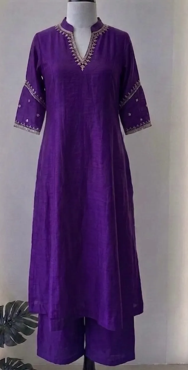 Royal Purple Raw Silk Kurta Pant Set with Zardozi Embroidered Collar & Bell Sleeves | Festive Co-ord Set for Women 1