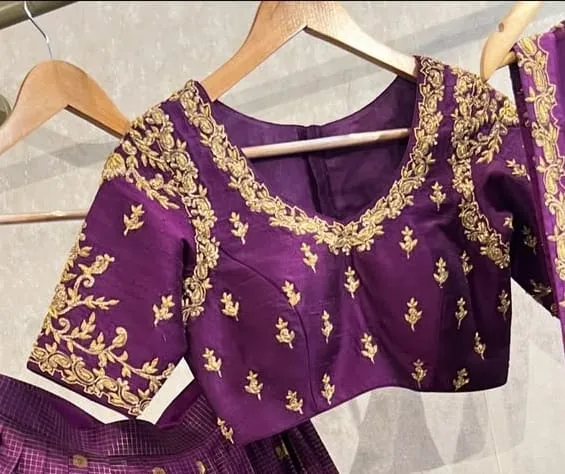 Royal Purple Raw Silk Saree Blouse | Hand Embroidered Gold Zardozi Sweetheart Neck Choli