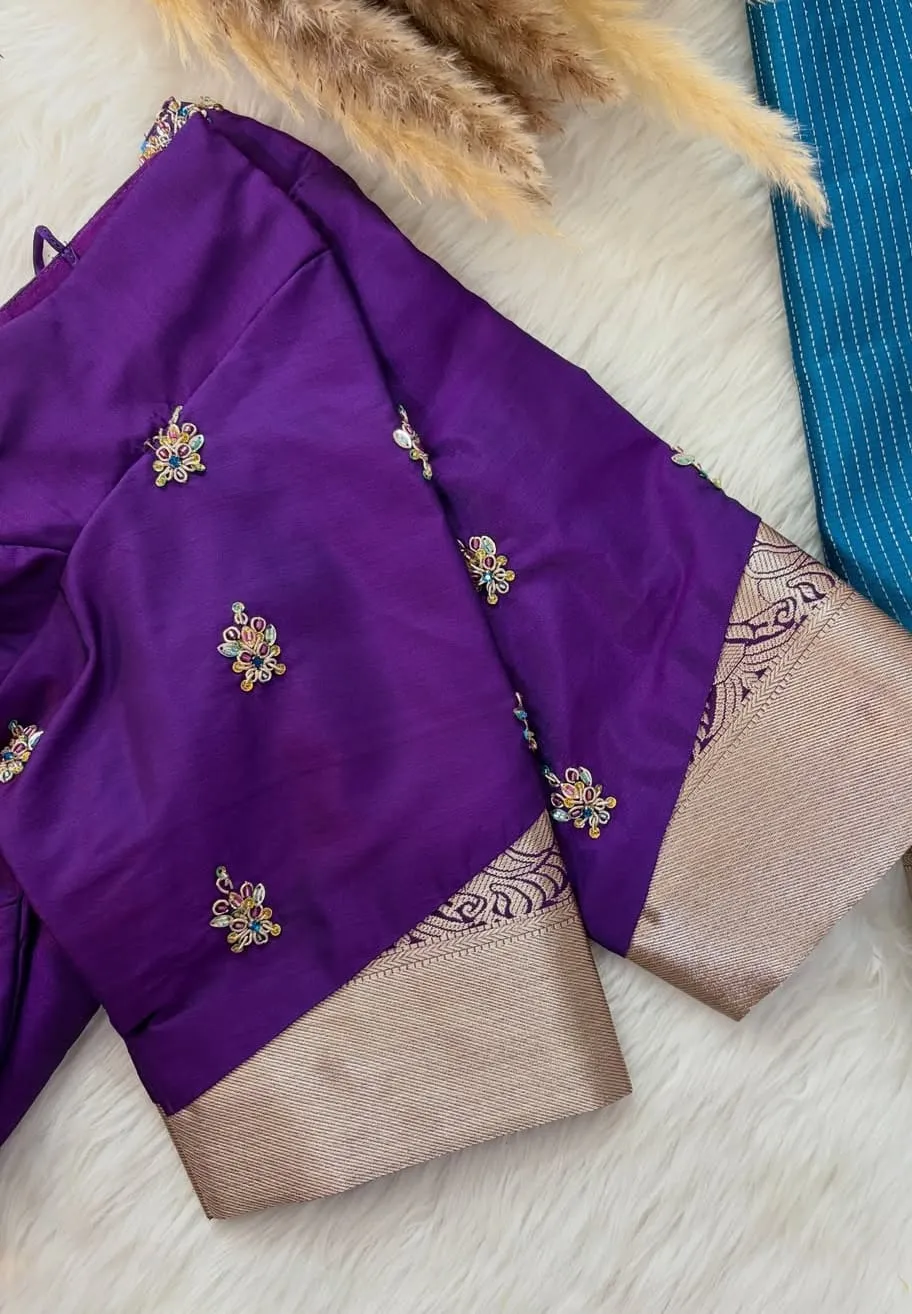 Royal Purple Silk Maggam Work Blouse | Zari Border Sleeve & Floral Thread Embroidery Saree Blouse