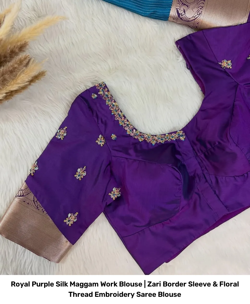 Royal Purple Silk Maggam Work Blouse | Zari Border Sleeve & Floral Thread Embroidery Saree Blouse 2
