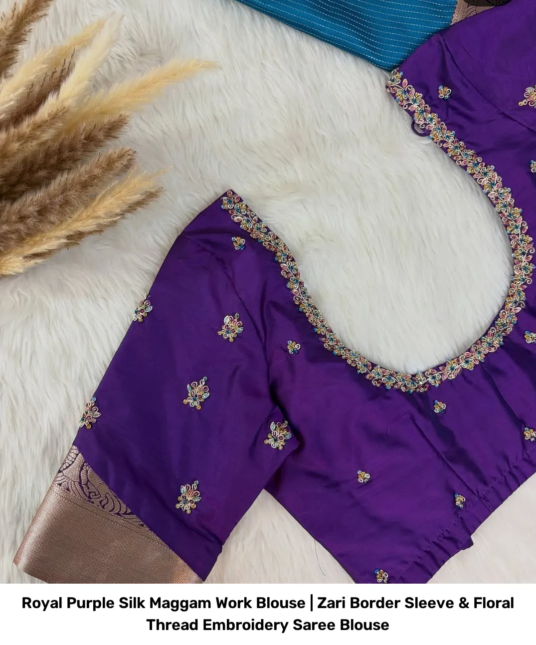 Royal Purple Silk Maggam Work Blouse | Zari Border Sleeve & Floral Thread Embroidery Saree Blouse 3