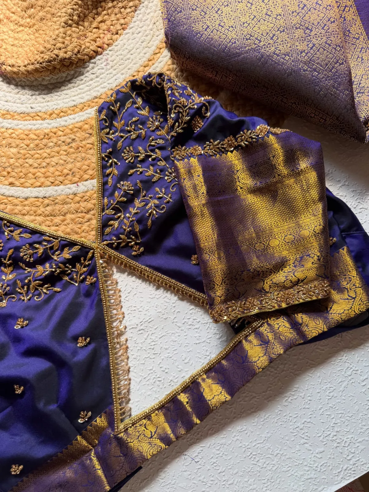 Royal Purple Silk Readymade Bridal Blouse with Gold Zari Brocade Sleeves & Floral Aari Work V-Neck | Designer Wedding Saree Blouse