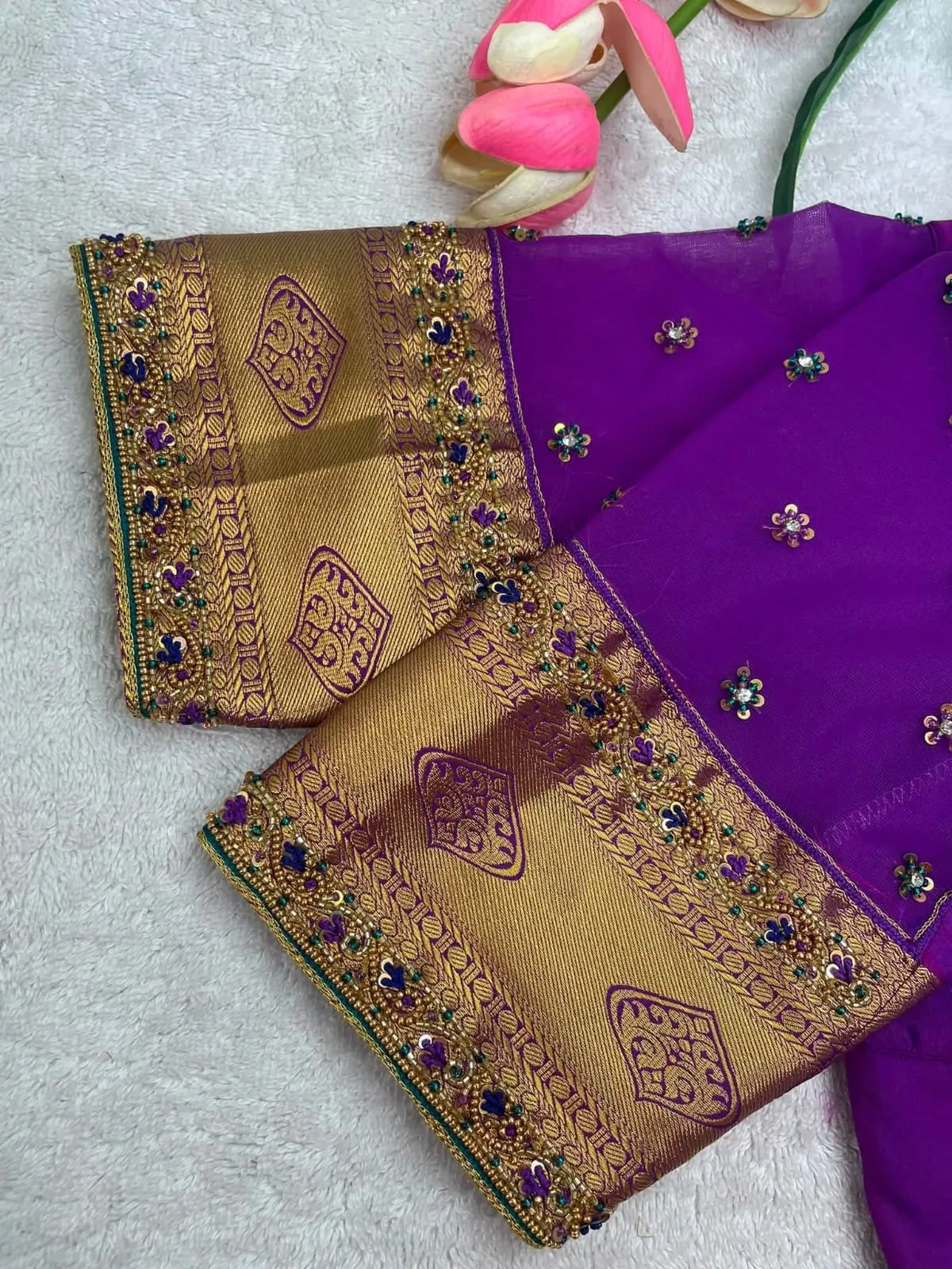 Royal Purple Silk Saree Blouse | Hand Embroidered Maggam Work with Pattu Zari Border