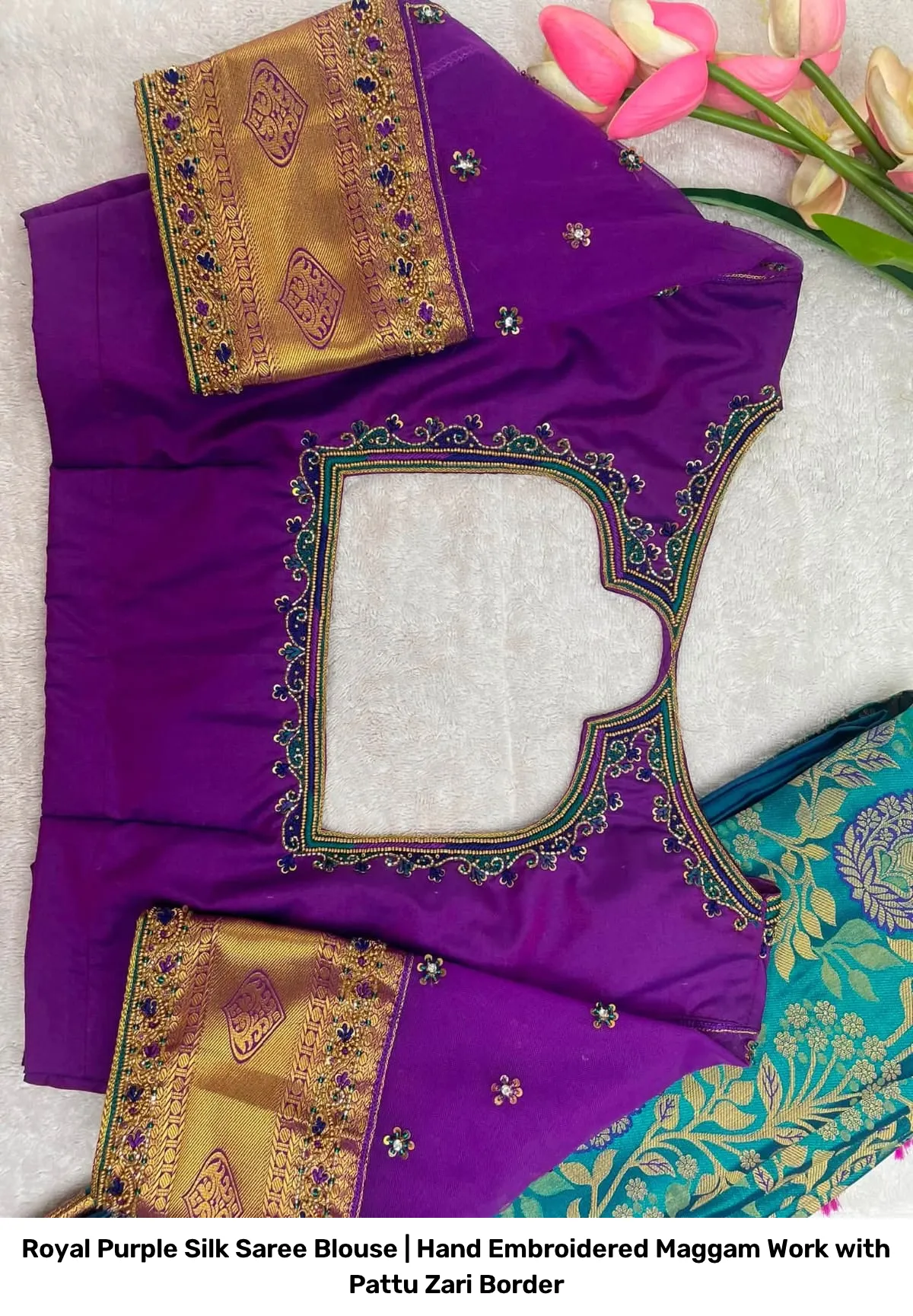 Royal Purple Silk Saree Blouse | Hand Embroidered Maggam Work with Pattu Zari Border 2