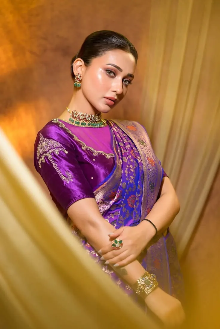 Royal Purple Silk Saree Blouse with Sheer Illusion Neck & Gold Umbrella Motif Embroidery | Designer Bridal Blouse