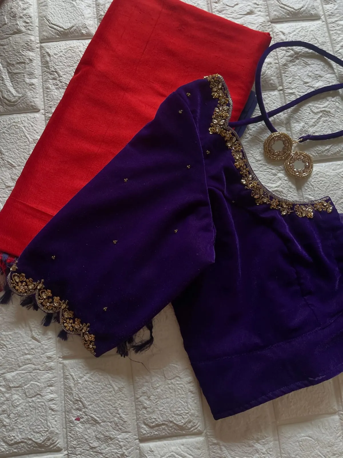 Royal Purple Velvet Readymade Saree Blouse with Scalloped Zardozi Border, Tassel Sleeves & Mirror Latkan Dori | Bridal Designer Blouse
