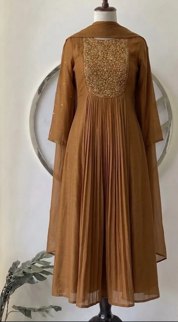Rust Brown Pleated Flared Ethnic Gown – Handcrafted Floral Zardozi Bodice Festive Kurta Set