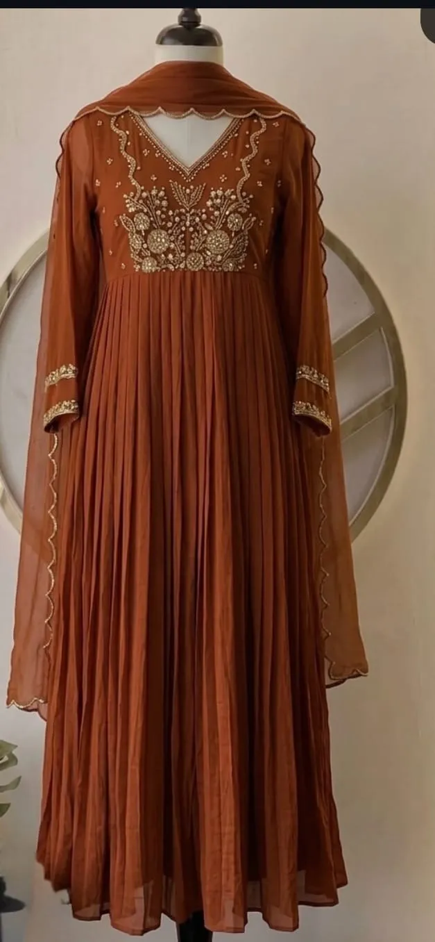 Rust Brown Pleated Georgette Anarkali Suit Set | Hand-Embroidered Zardozi Yoke with Scalloped Dupatta