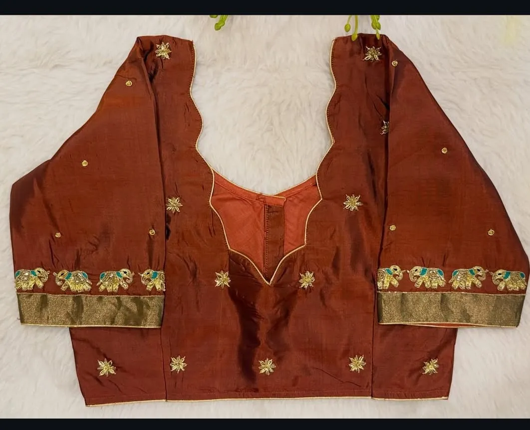 Rust Brown Silk Designer Blouse with Scalloped Neck & Elephant Motifs | Readymade Blouses 1
