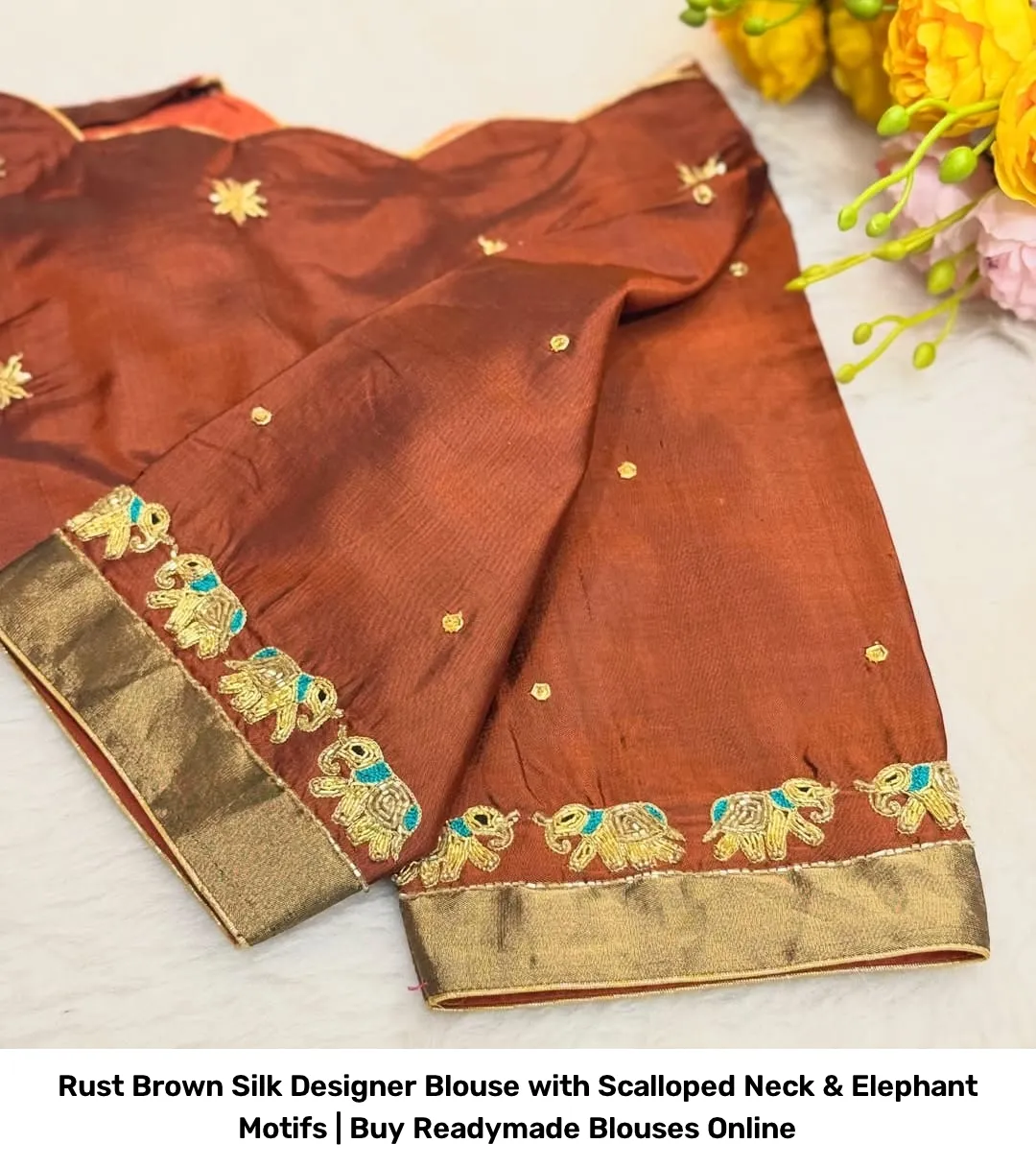 Rust Brown Silk Designer Blouse with Scalloped Neck & Elephant Motifs | Readymade Blouses 2