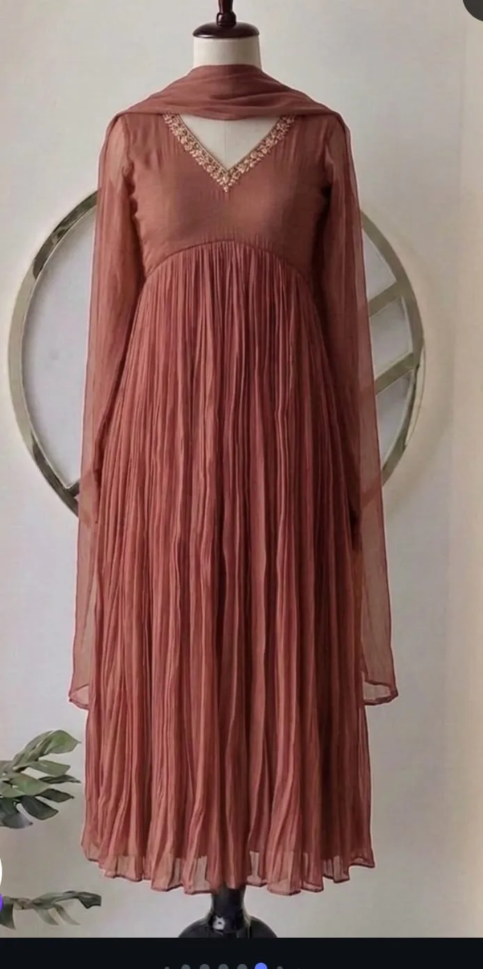 Rust Copper Pleated Chiffon Anarkali Suit Set with Embroidered V-Neck & Sheer Dupatta | Festive Wedding Kurta Set