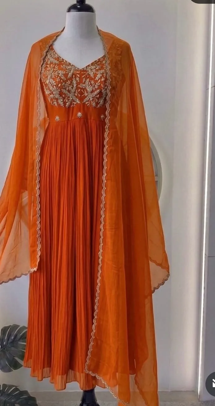 Rust Orange Pleated Georgette Anarkali Suit Set with Embroidered Bodice & Scalloped Dupatta – Mehendi & Festive Wear