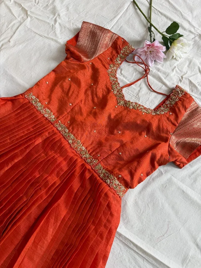Rust Orange Pure Silk Long Frock with Zari Border | Pleated Bridal Pattu Anarkali Gown with Maggam Work Yoke