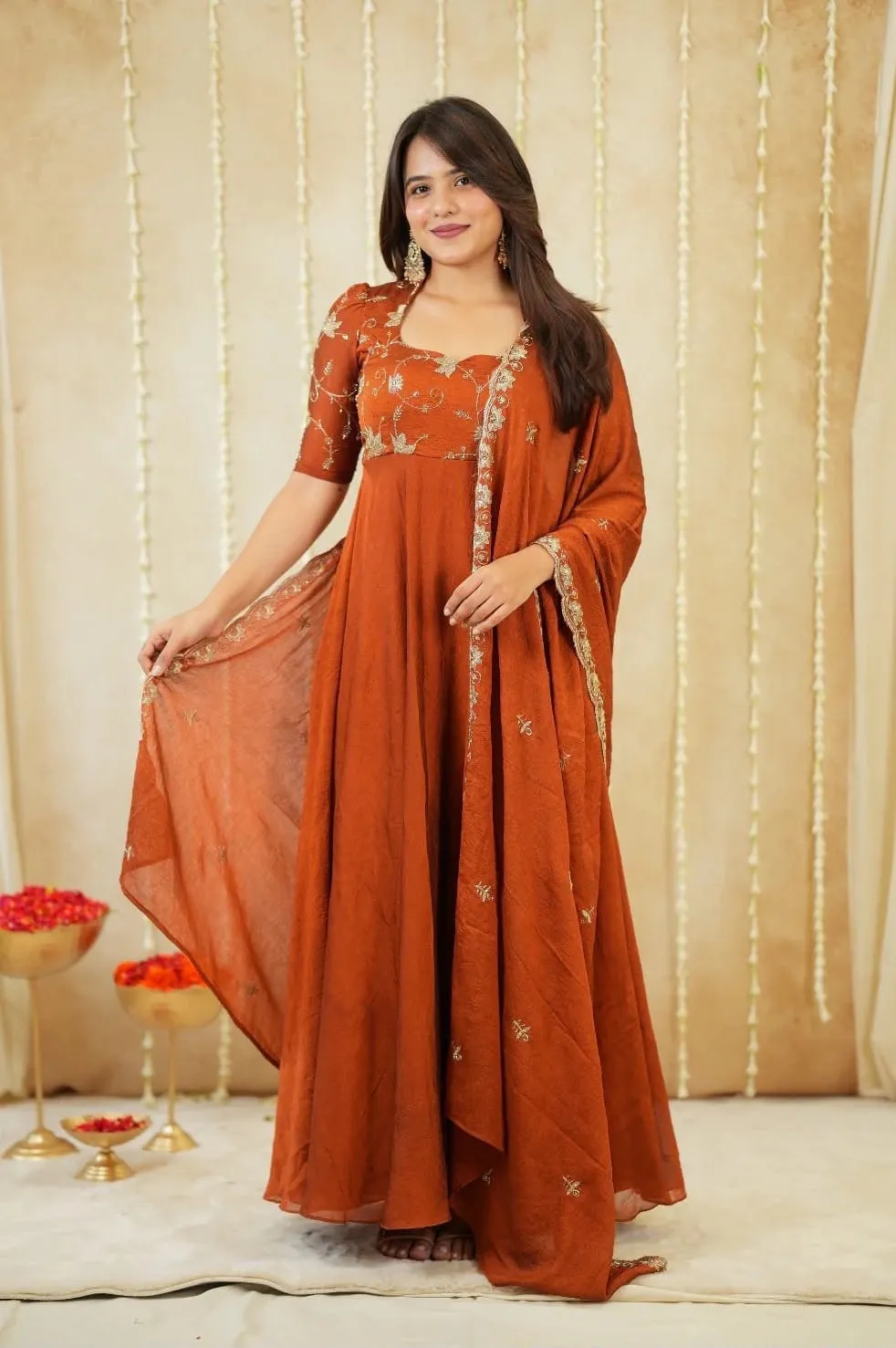 Rust Orange Rangoli Crush 7.5 Meter Full Flared Anarkali Gown with Beadwork & Embroidered Dupatta
