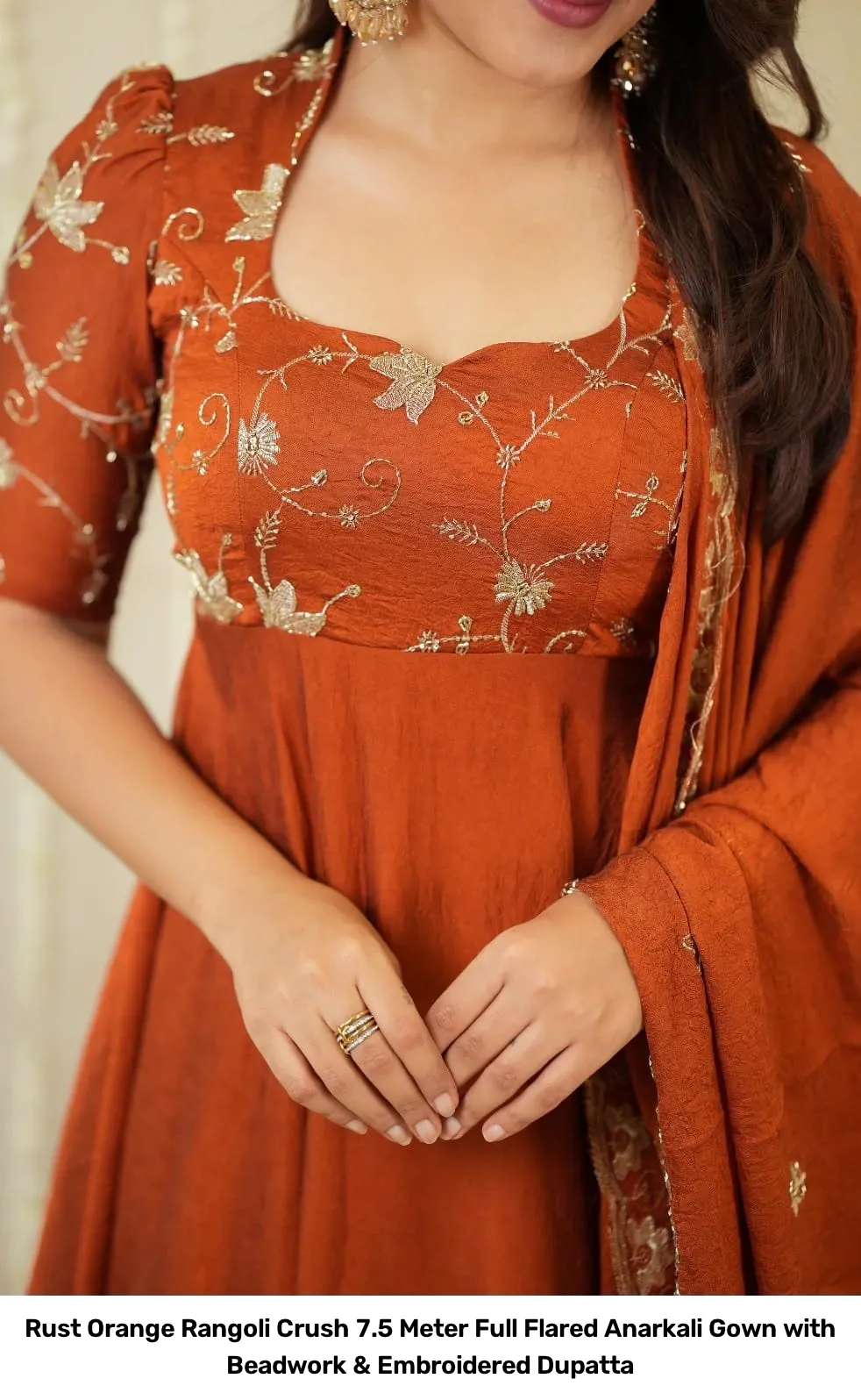 Rust Orange Rangoli Crush 7.5 Meter Full Flared Anarkali Gown with Beadwork & Embroidered Dupatta 2