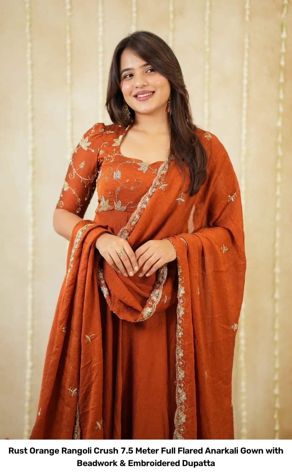 Rust Orange Rangoli Crush 7.5 Meter Full Flared Anarkali Gown with Beadwork & Embroidered Dupatta 3