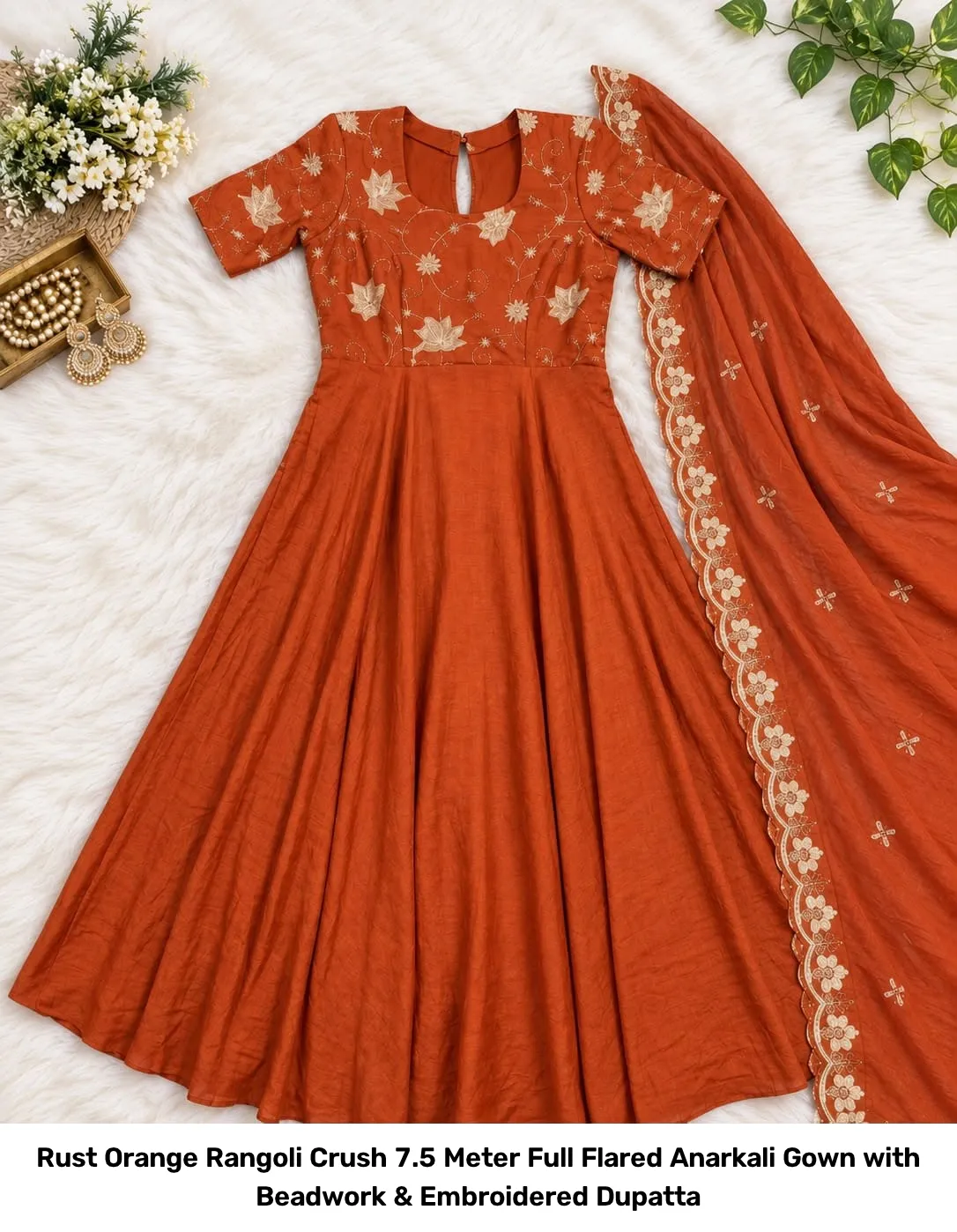 Rust Orange Rangoli Crush 7.5 Meter Full Flared Anarkali Gown with Beadwork & Embroidered Dupatta 4