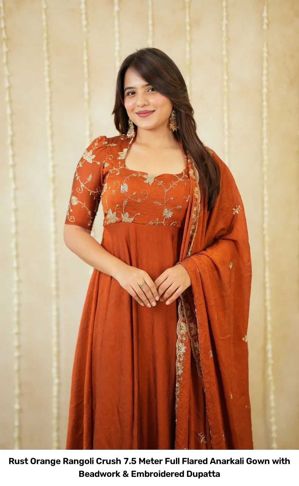 Rust Orange Rangoli Crush 7.5 Meter Full Flared Anarkali Gown with Beadwork & Embroidered Dupatta 5