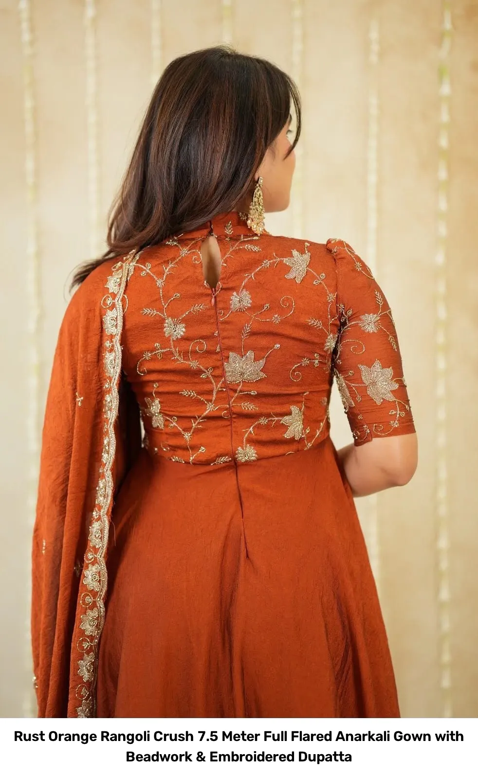 Rust Orange Rangoli Crush 7.5 Meter Full Flared Anarkali Gown with Beadwork & Embroidered Dupatta 6