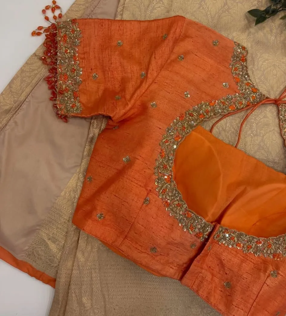 Rust Orange Raw Silk Saree Blouse – Gold Zardozi & Sequin Scalloped Neck with Beaded Crystal Tassel Sleeves & Back Tie-Up