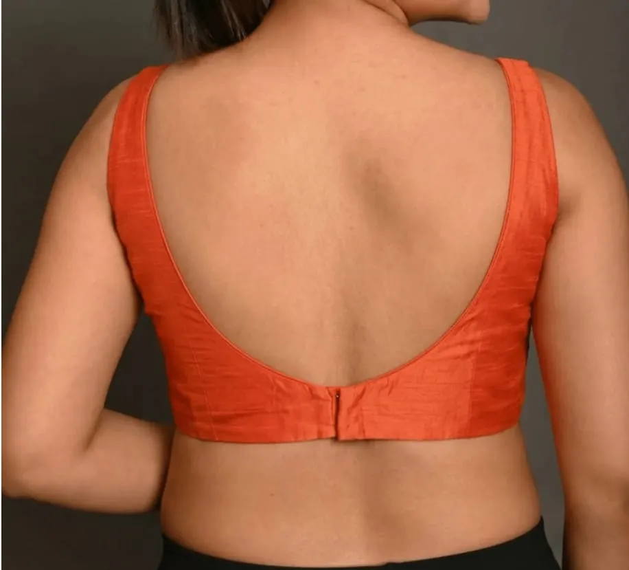 Rust Orange Raw Silk Sleeveless Saree Blouse – Deep V-Neckline Low U-Back Designer Crop Top