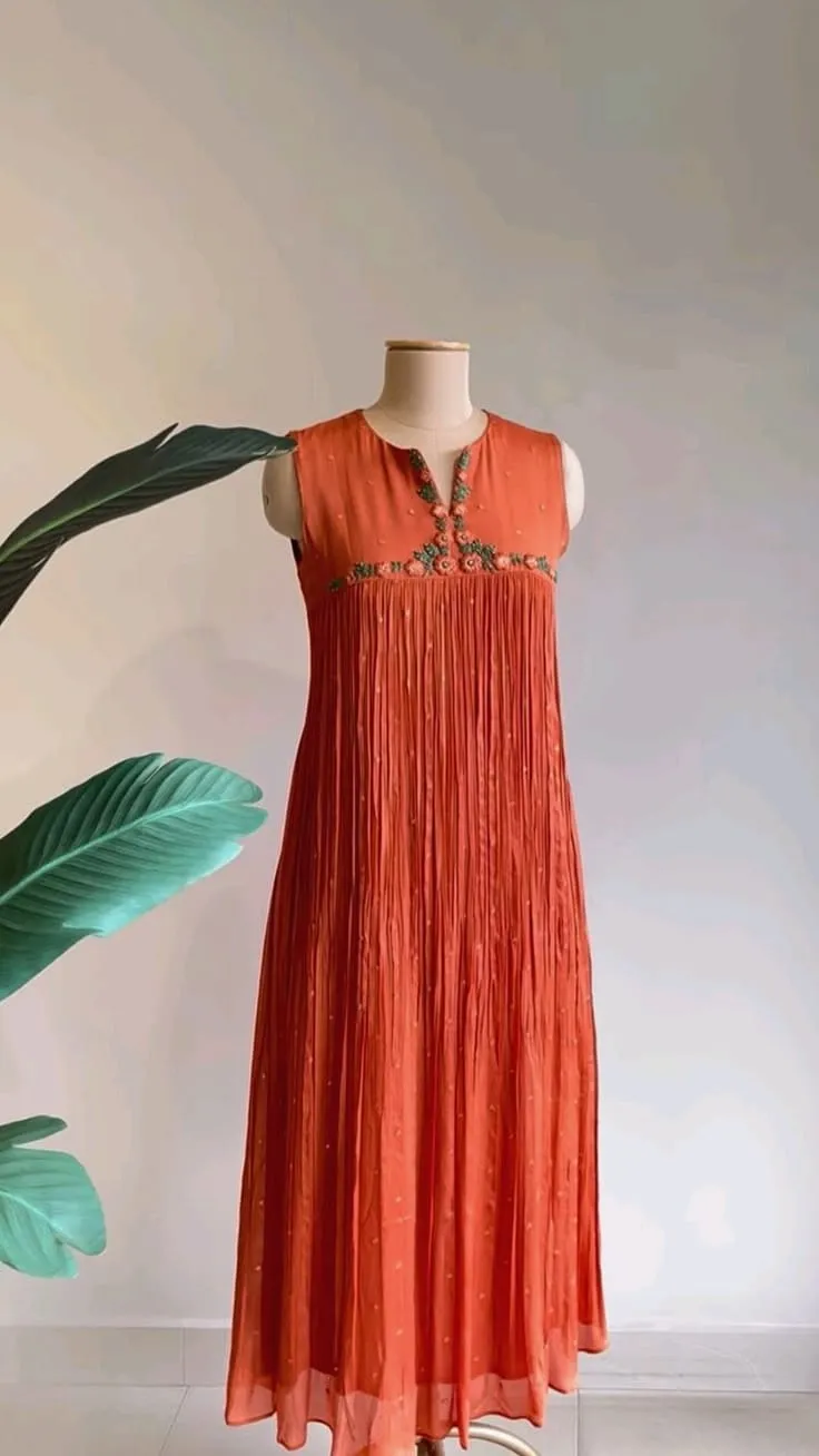 Rust Orange Sleeveless Pleated Georgette Anarkali Dress | Handcrafted Floral Embroidered Slit Neck Maxi Dress