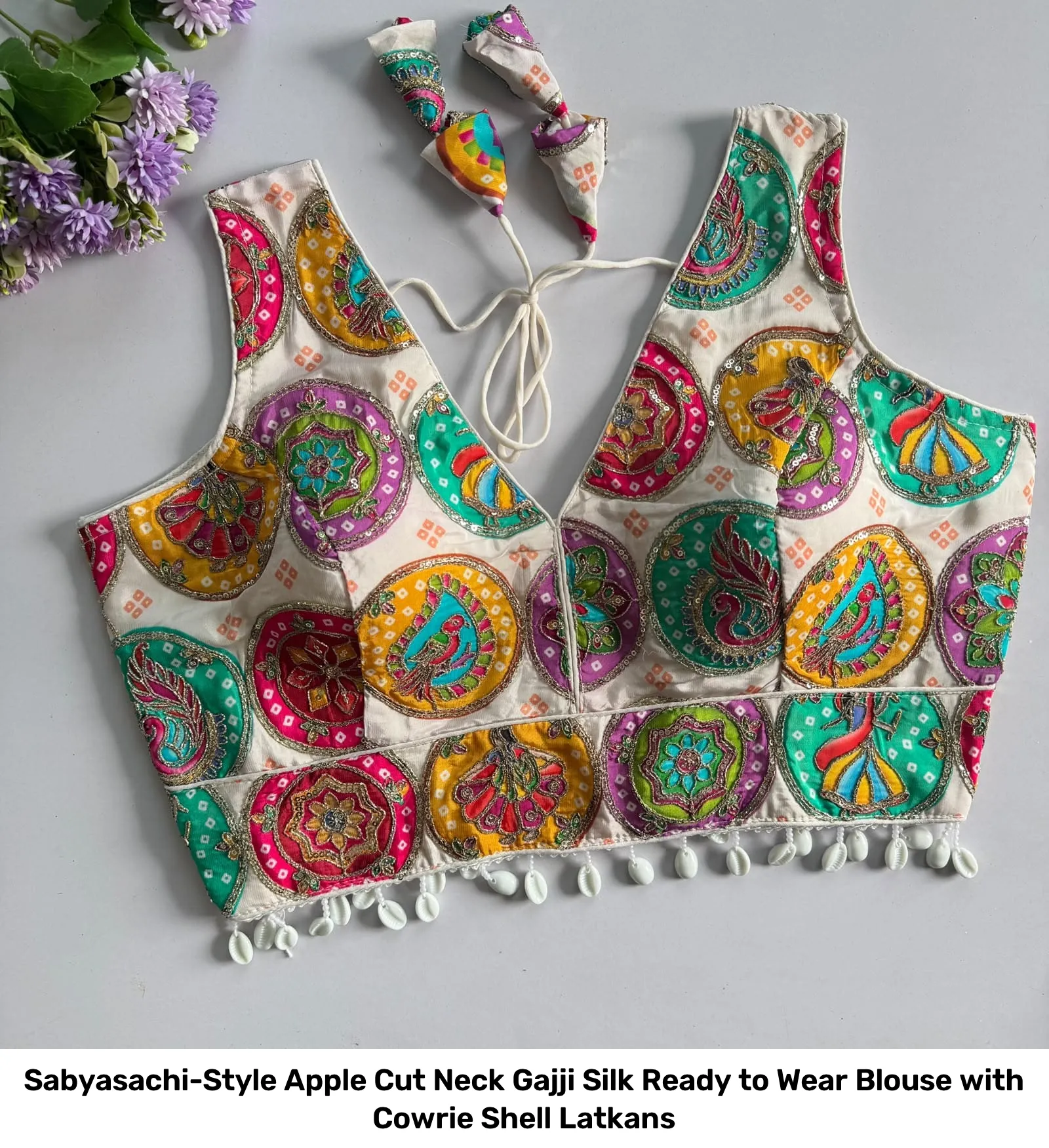 Sabyasachi-Style Apple Cut Neck Gajji Silk Ready to Wear Blouse with Cowrie Shell Latkans 10