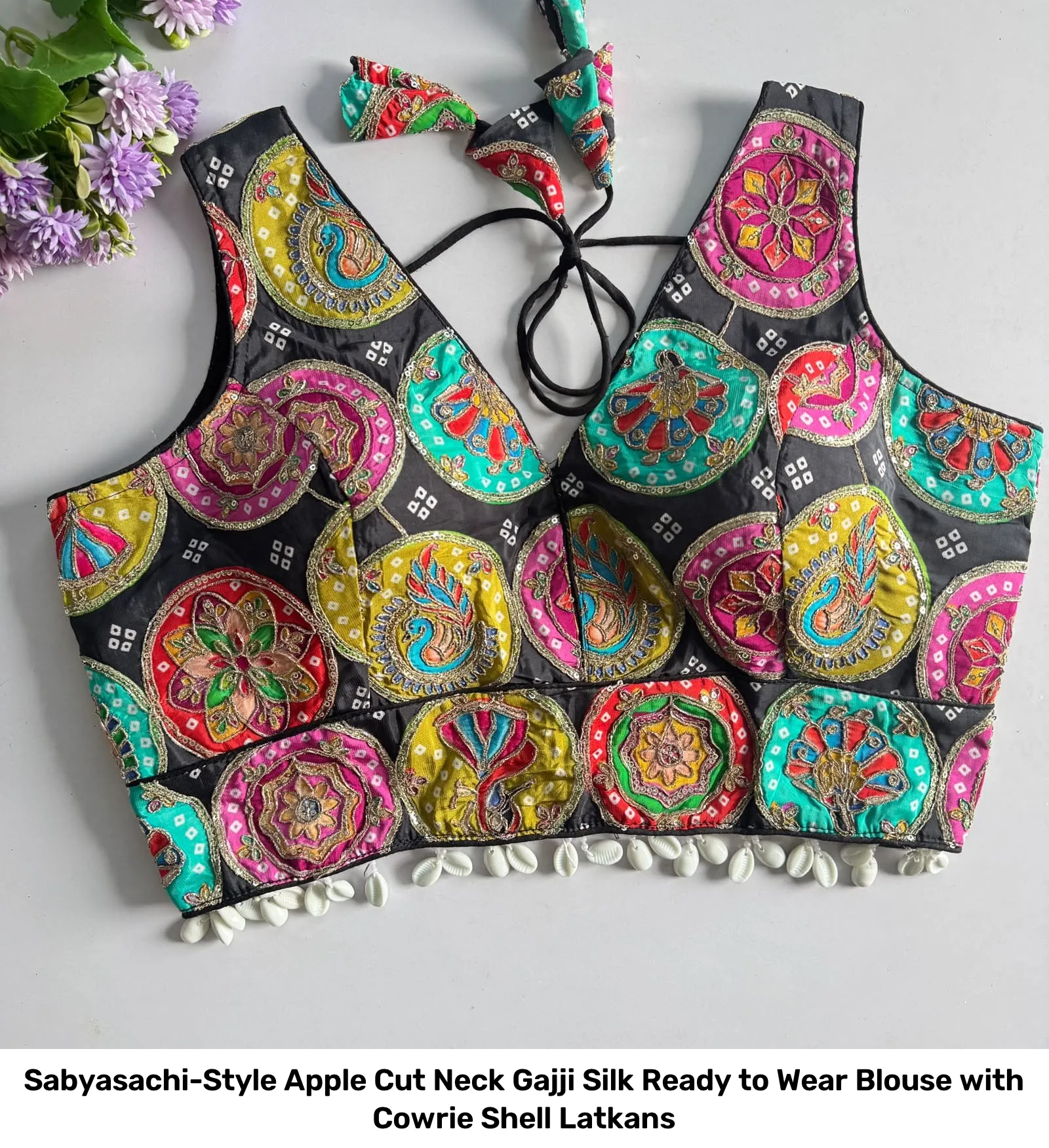 Sabyasachi-Style Apple Cut Neck Gajji Silk Ready to Wear Blouse with Cowrie Shell Latkans 11
